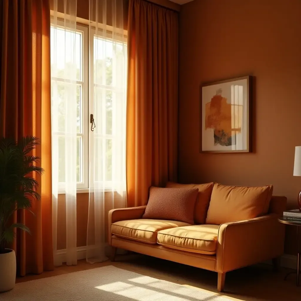 a photo of a cozy corner with a cognac couch and warm-toned curtains