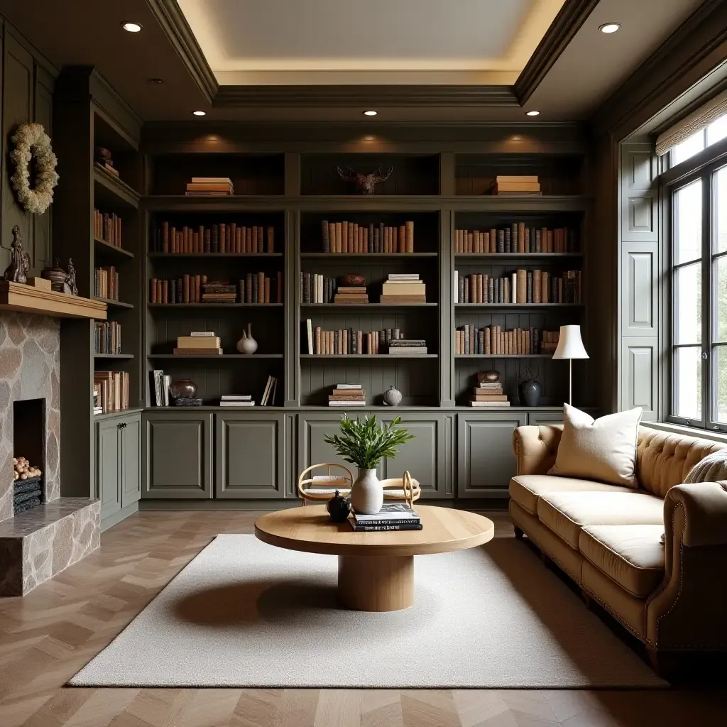 a photo of a basement library with farmhouse-style shelves and cozy seating