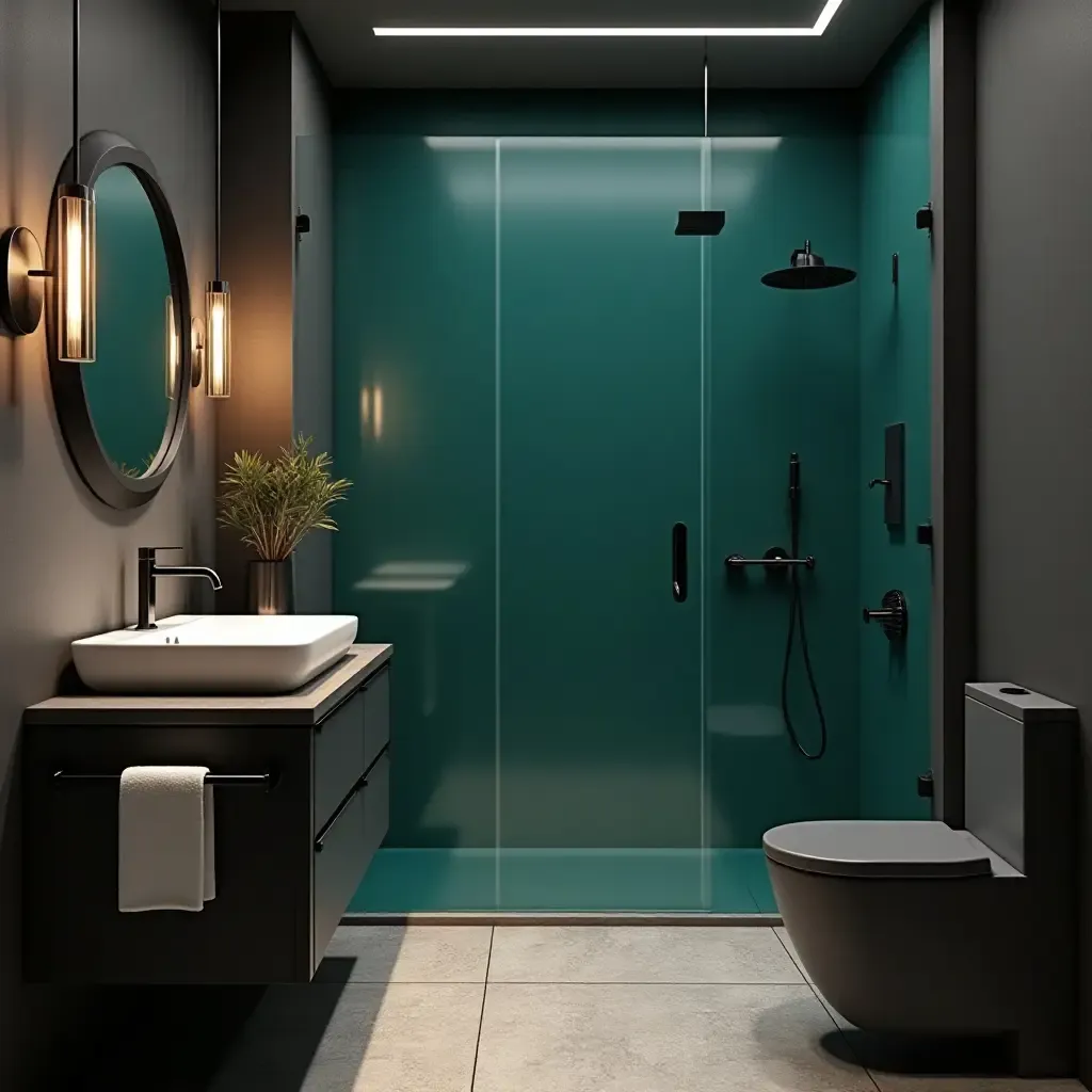 a photo of a trendy black and teal bathroom with modern fixtures