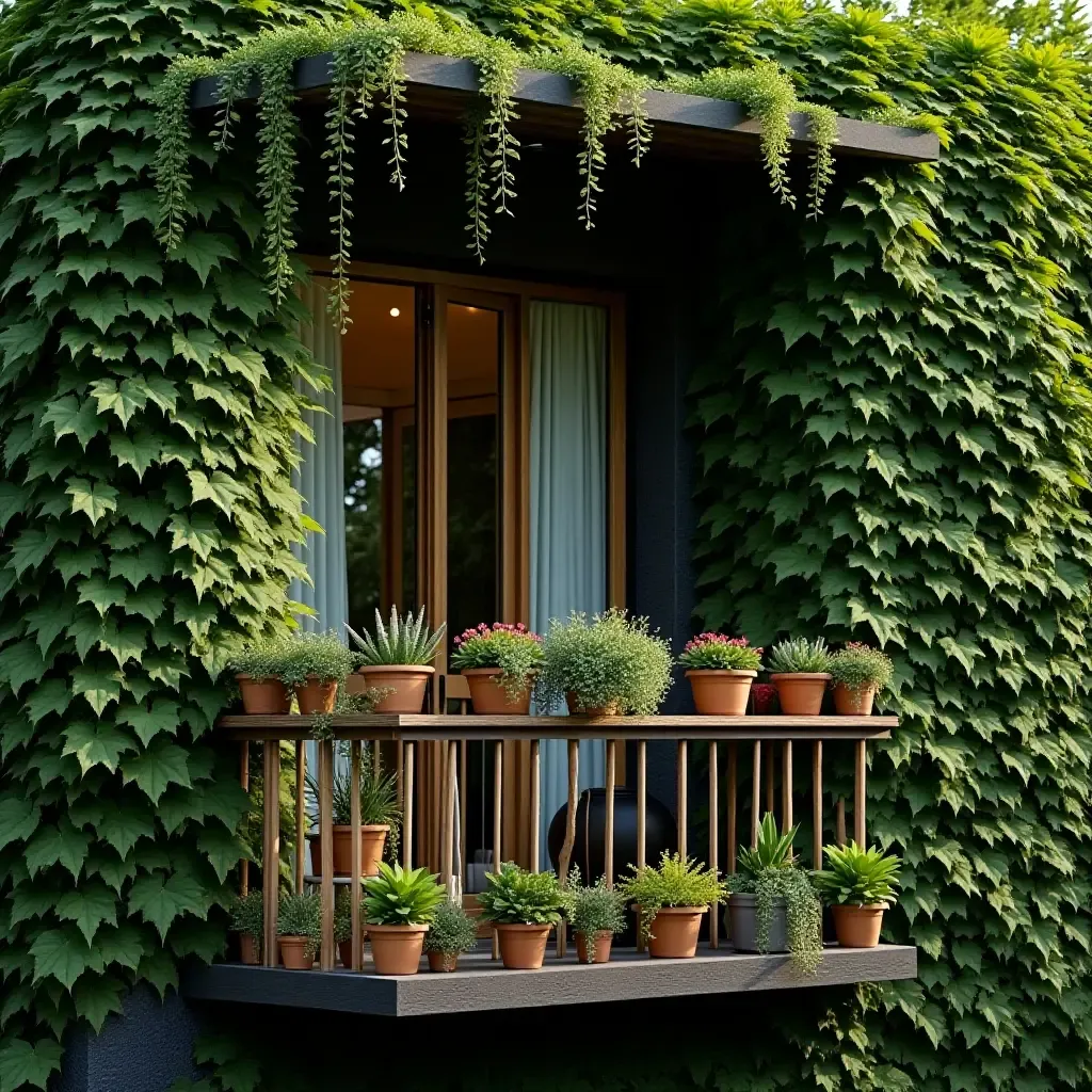 a photo of a balcony featuring a wall of cascading green foliage