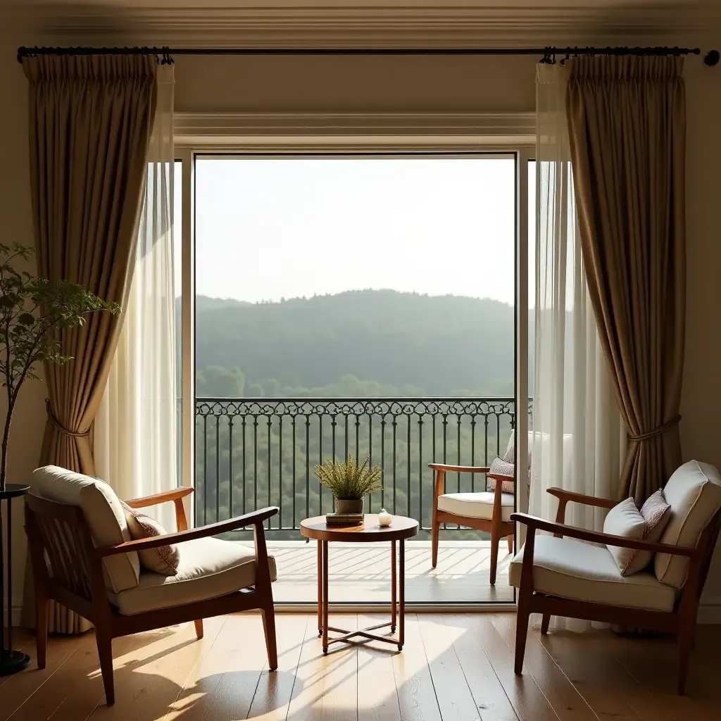 a photo of a balcony with elegant fabric curtains, teak wood furniture, and brass metal details