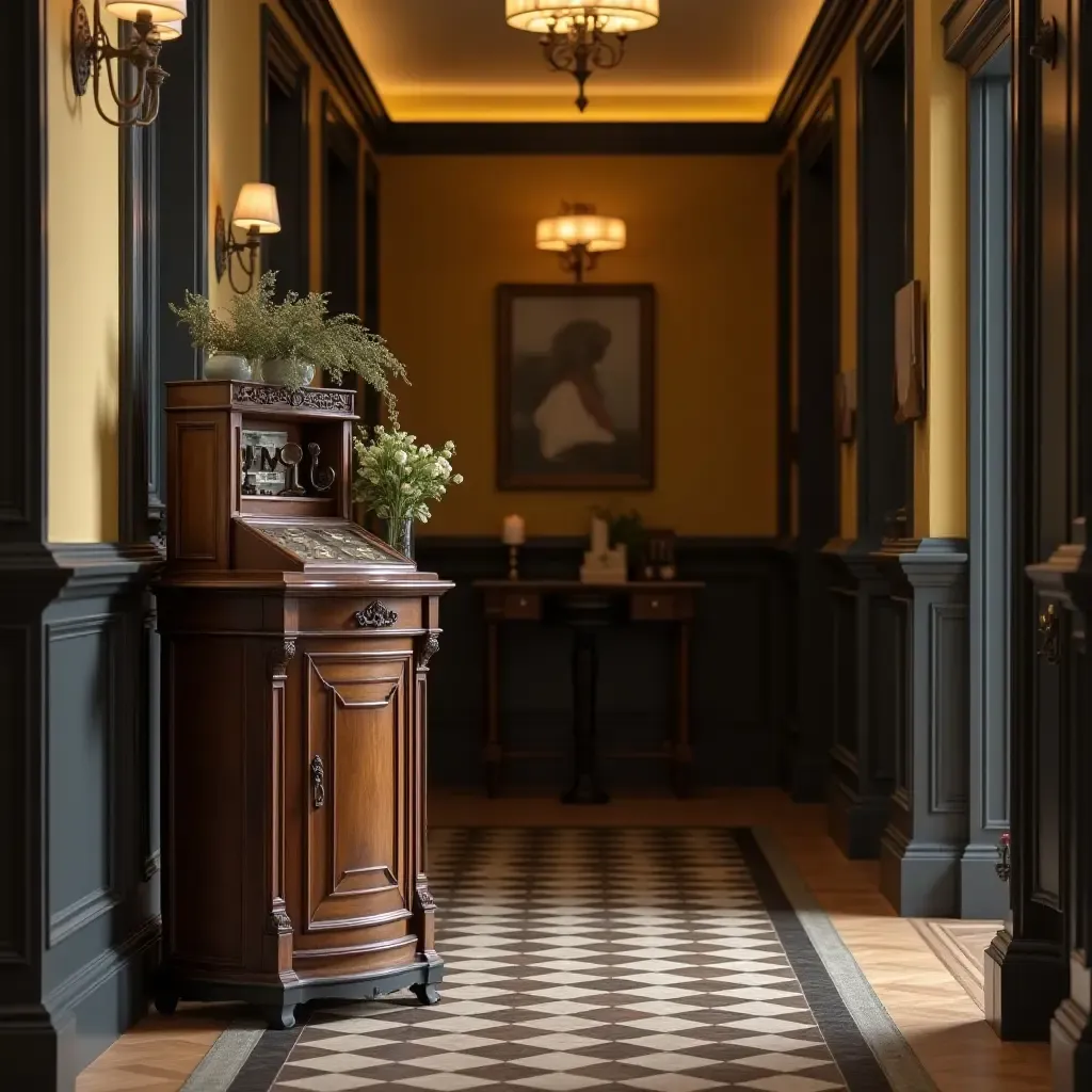 a photo of an old-fashioned telephone table in a stylish entrance