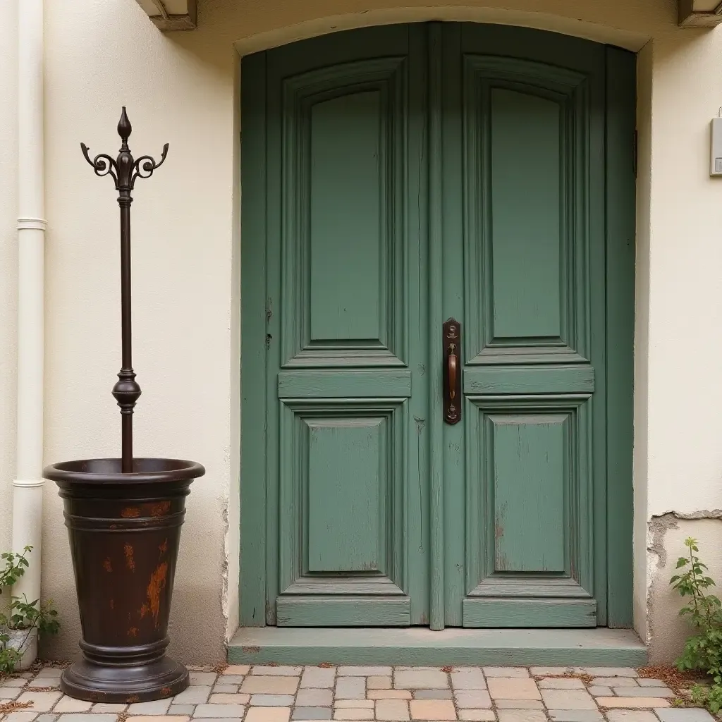 a photo of an antique umbrella stand beside a charming vintage door