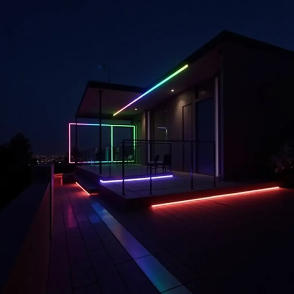 a photo of colorful LED strip lights outlining a modern balcony