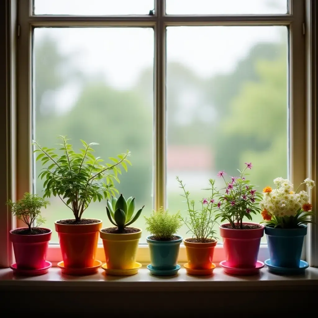 a photo of colorful pots on a library window sill