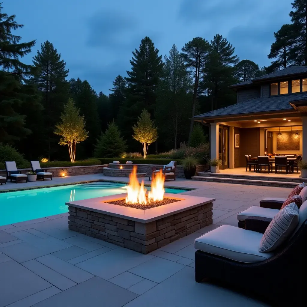 a photo of a sophisticated fire pit area adjacent to a sparkling pool