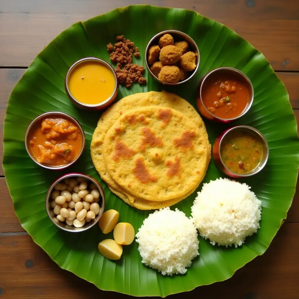 a photo of a colorful Indian breakfast platter with dosa, idli, and chutneys on a banana leaf.