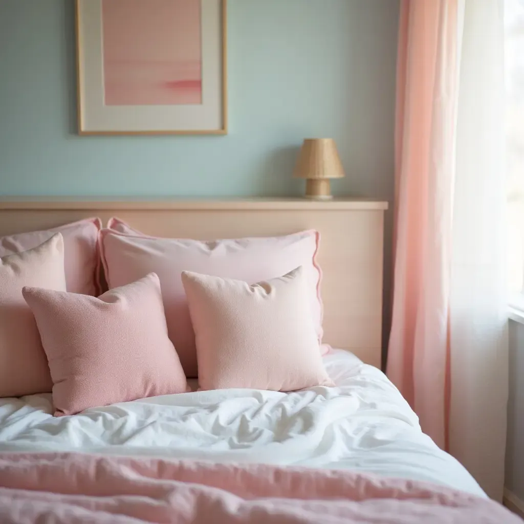 a photo of a pastel-themed teen bedroom with soft throw pillows on the bed