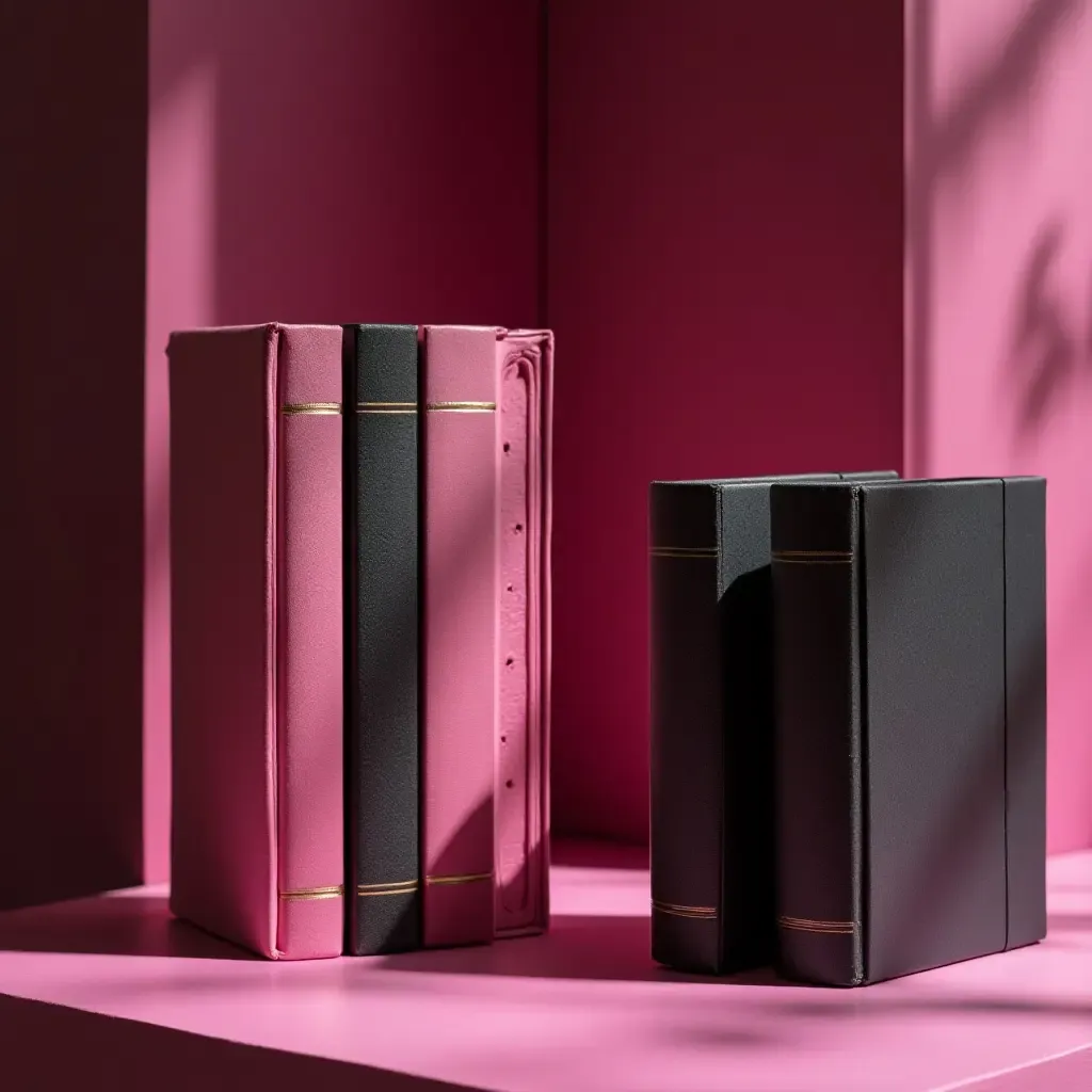 a photo of a bold fuchsia and charcoal library with unique bookends