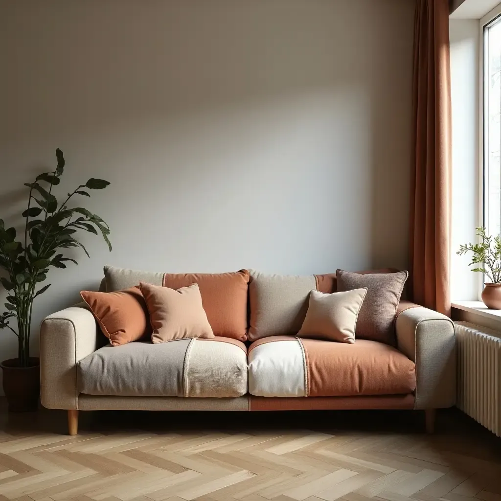 a photo of a cozy living room with a patchwork sofa and soft lighting