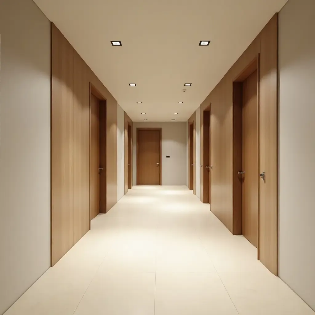 a photo of a serene corridor with neutral colors and wooden elements