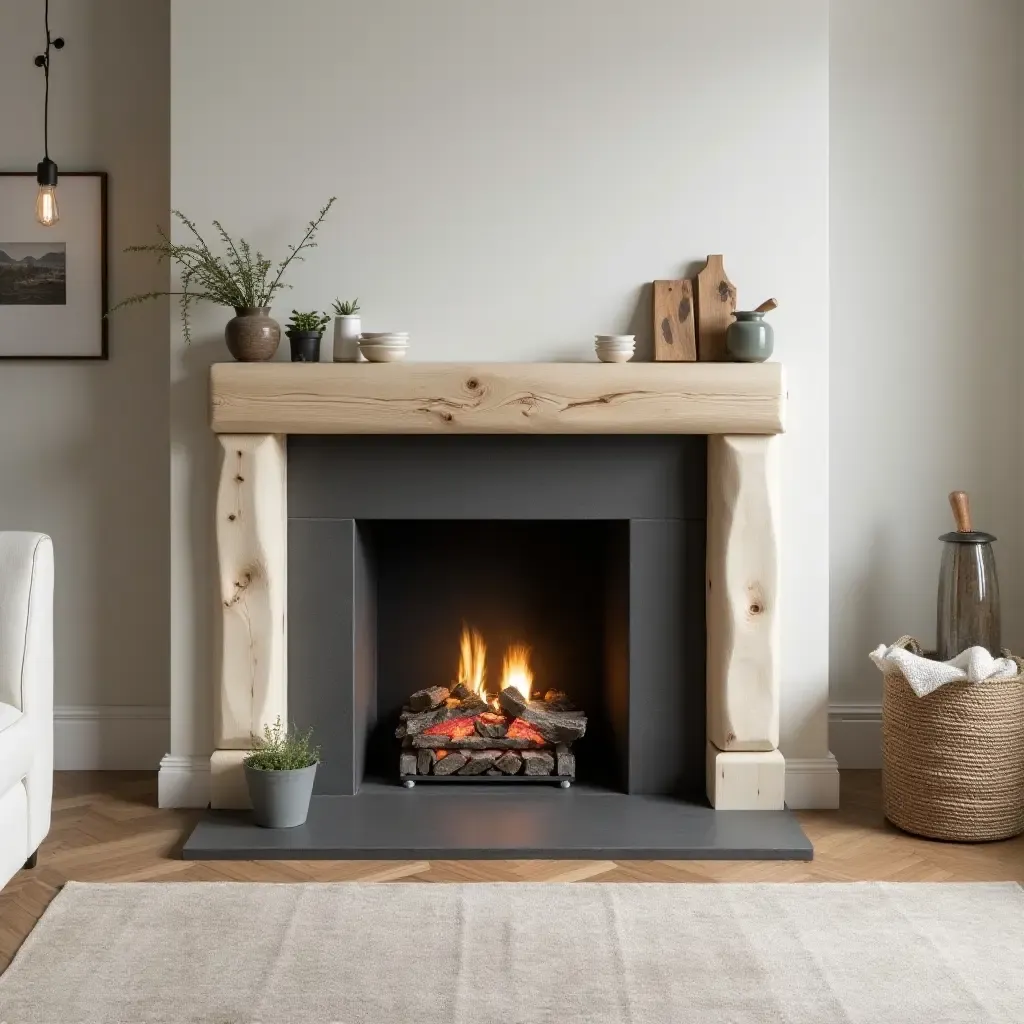 a photo of a Scandinavian-inspired fireplace surround with natural elements