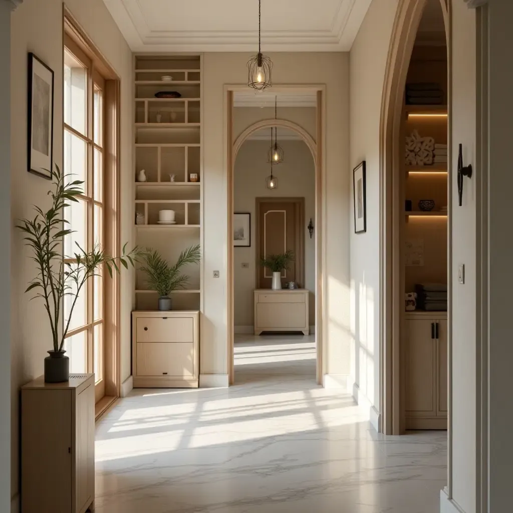 a photo of a corridor adorned with artistic storage boxes