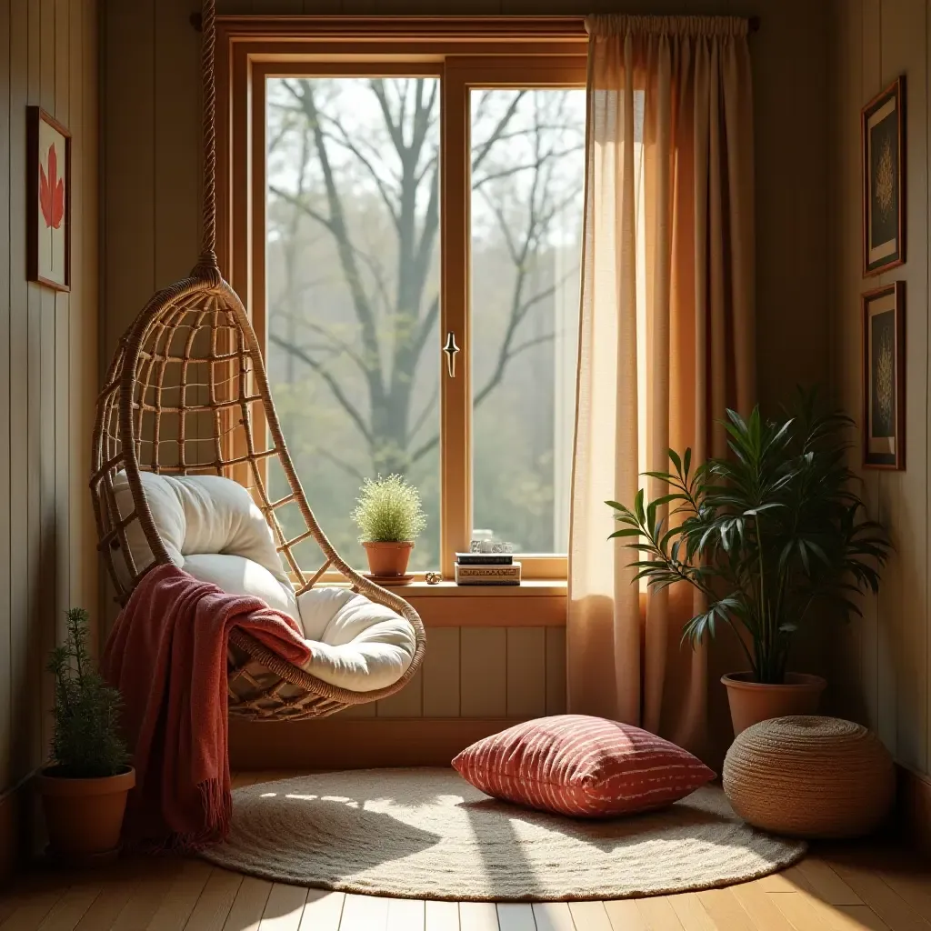 a photo of a reading nook with a hanging chair and warm blankets