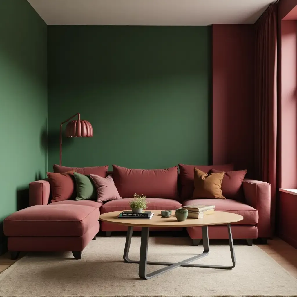 a photo of a living room with green and burgundy color-blocked walls