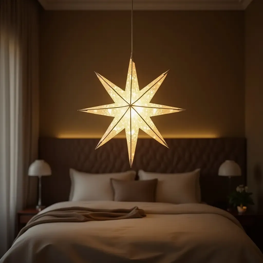 a photo of a star-shaped pendant light in a celestial-themed room