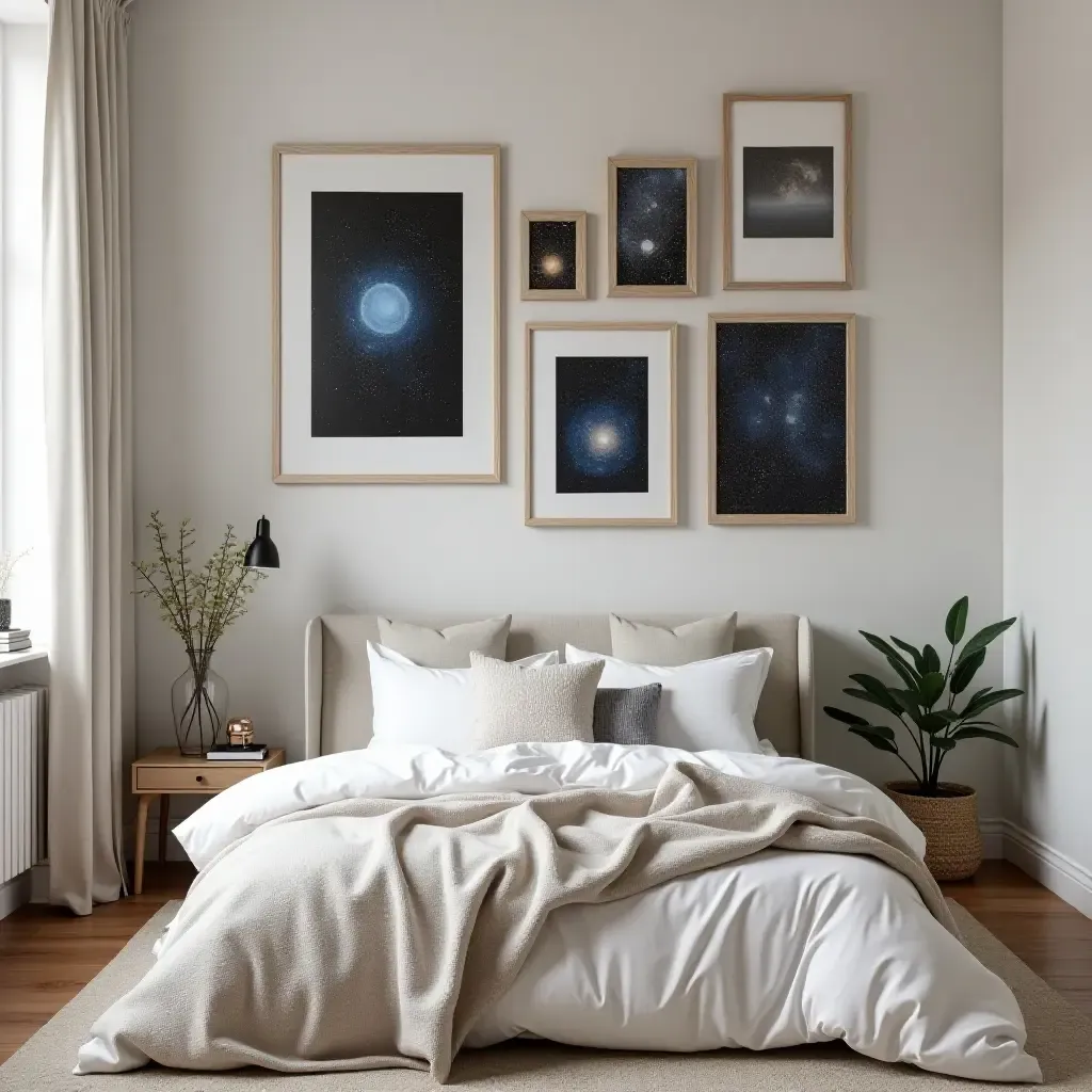 a photo of a dreamy bedroom with a gallery wall of celestial-themed prints