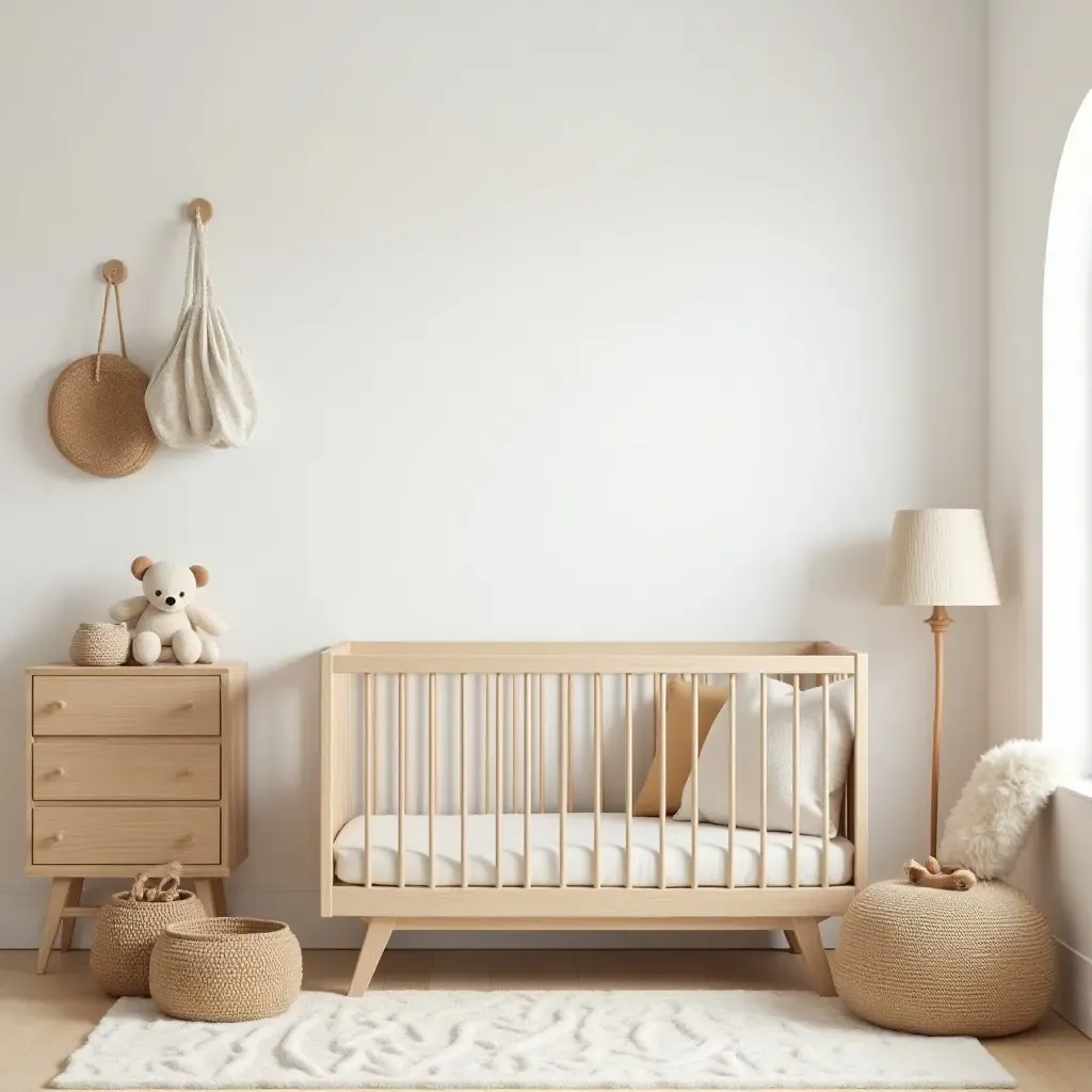 a photo of Mediterranean-inspired nursery with woven baskets and natural wood furniture