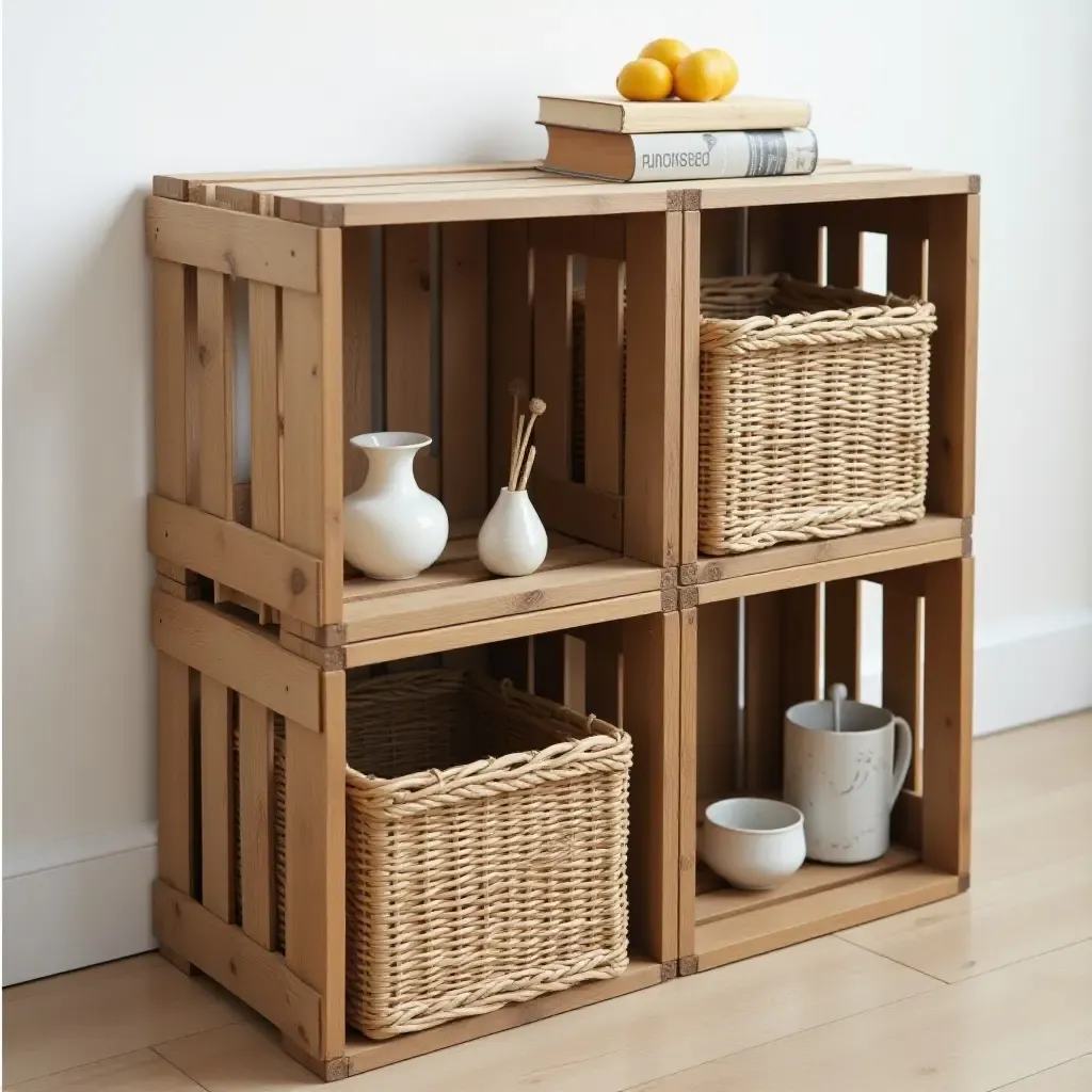 a photo of a unique storage solution using repurposed crates