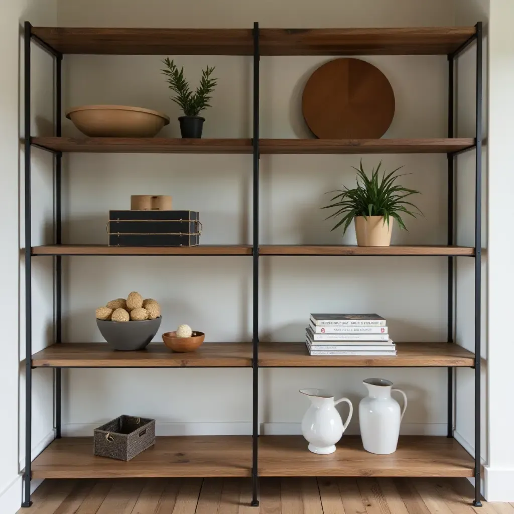 a photo of open shelving featuring a mix of textures with wood and metal