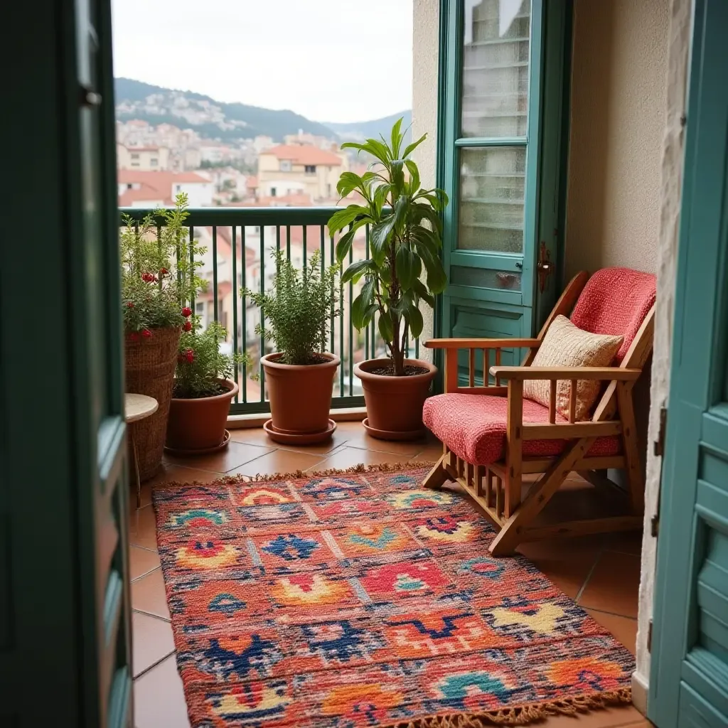 a photo of a handwoven rug with bright colors on a quaint balcony