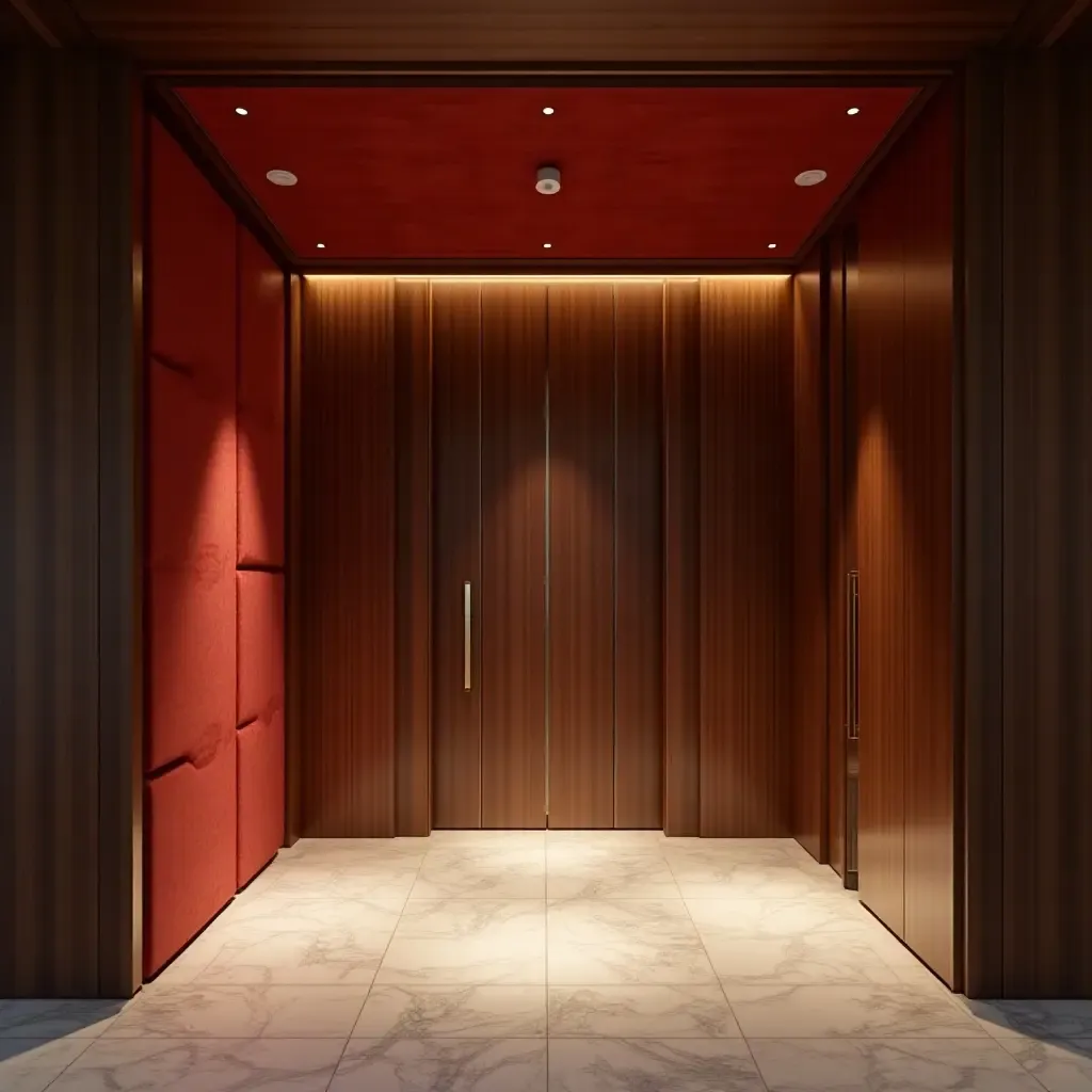 a photo of a luxurious entrance hall with velvet fabric, mahogany wood, and stainless steel