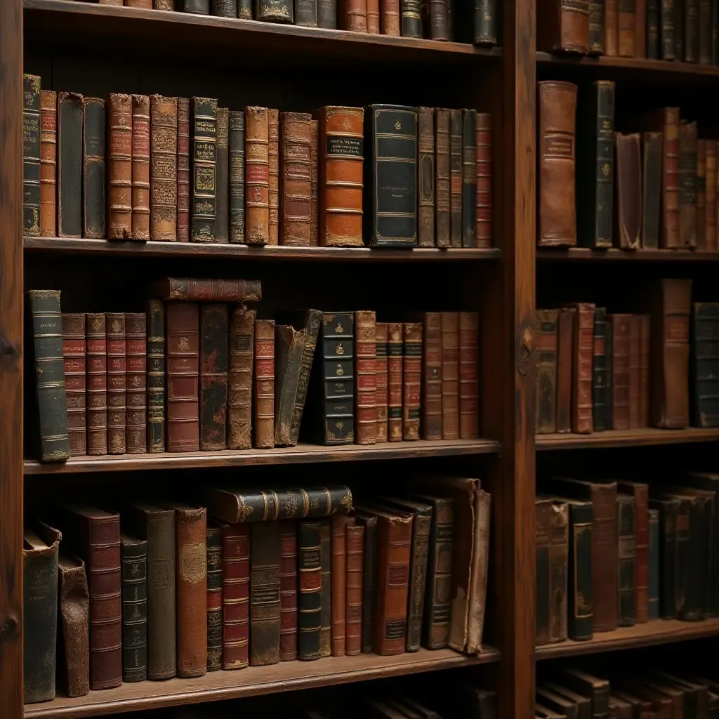 a photo of an antique bookshelf filled with leather-bound books