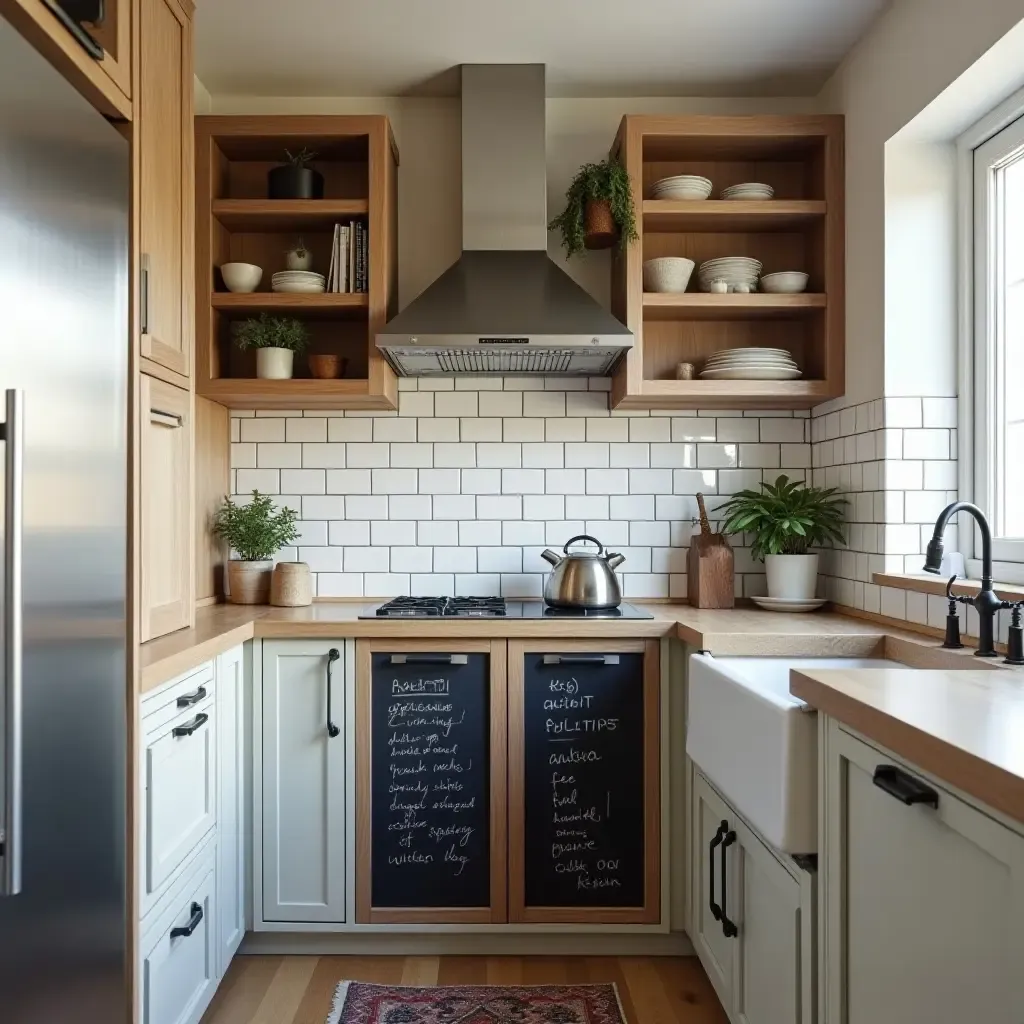 a photo of a small kitchen with creative chalkboard storage solutions and stylish decor