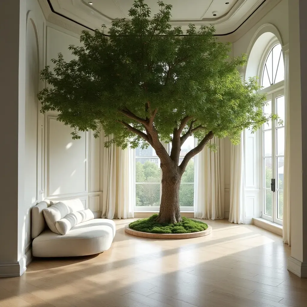 a photo of a spacious room with a large indoor tree