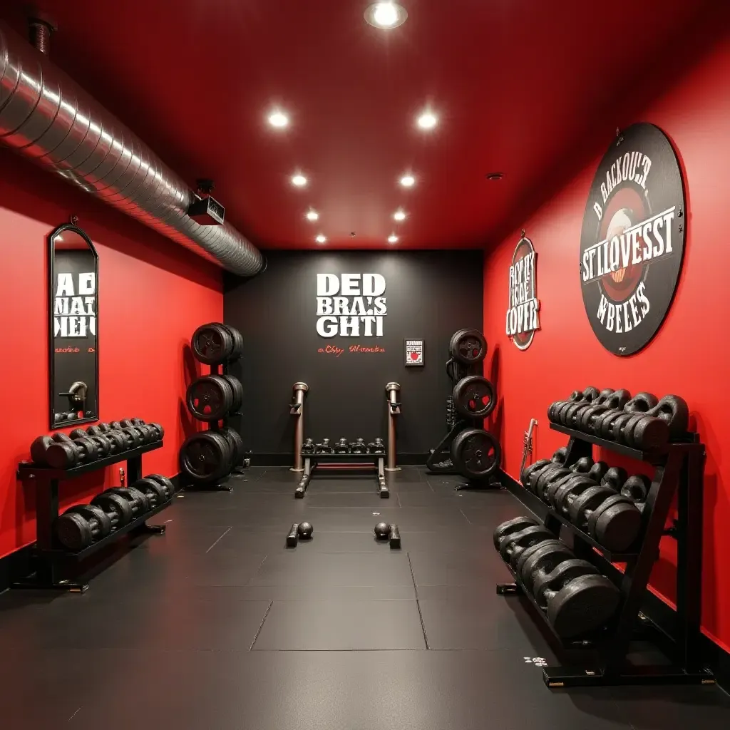 a photo of a basement gym featuring bright colors and fun motivational wall art