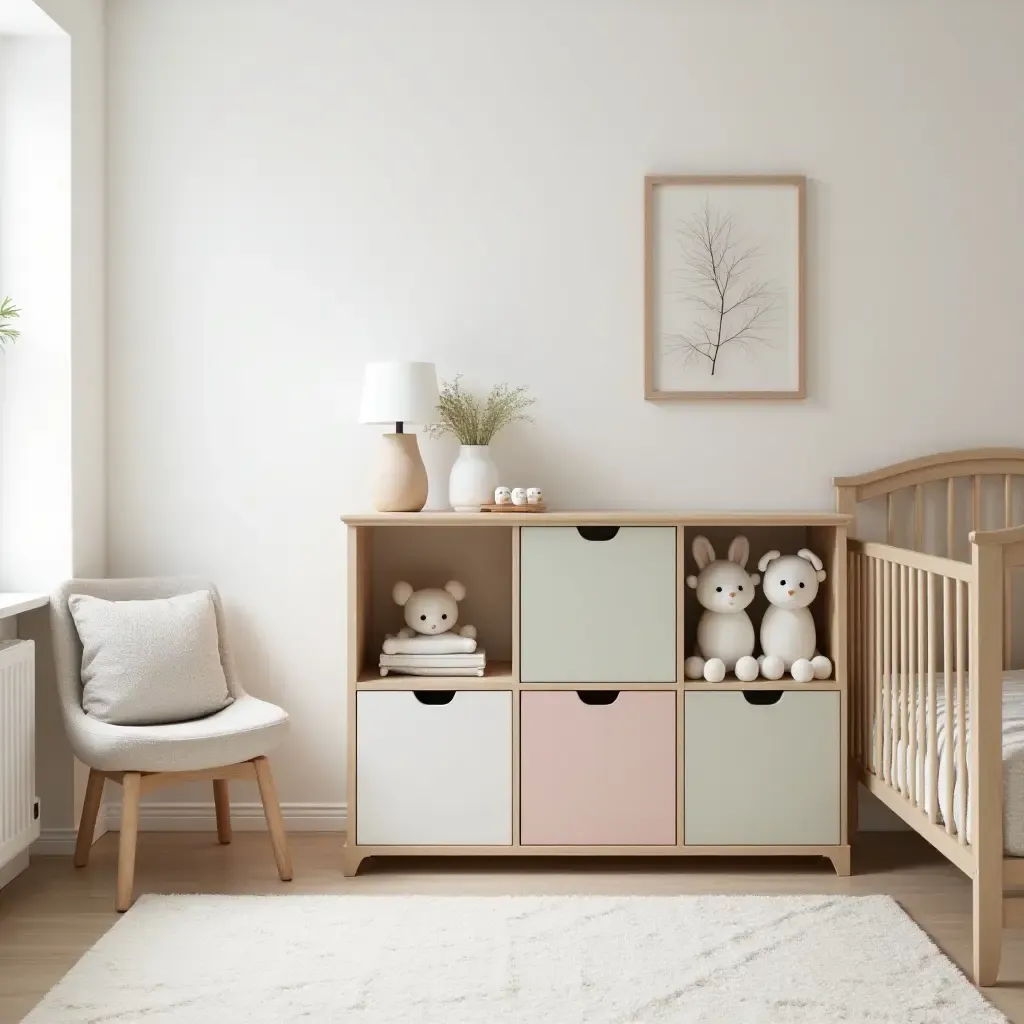 a photo of a nursery featuring a cute storage cube system