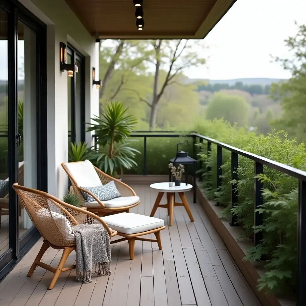 a photo of a peaceful balcony with Scandinavian design principles, featuring a hammock and greenery