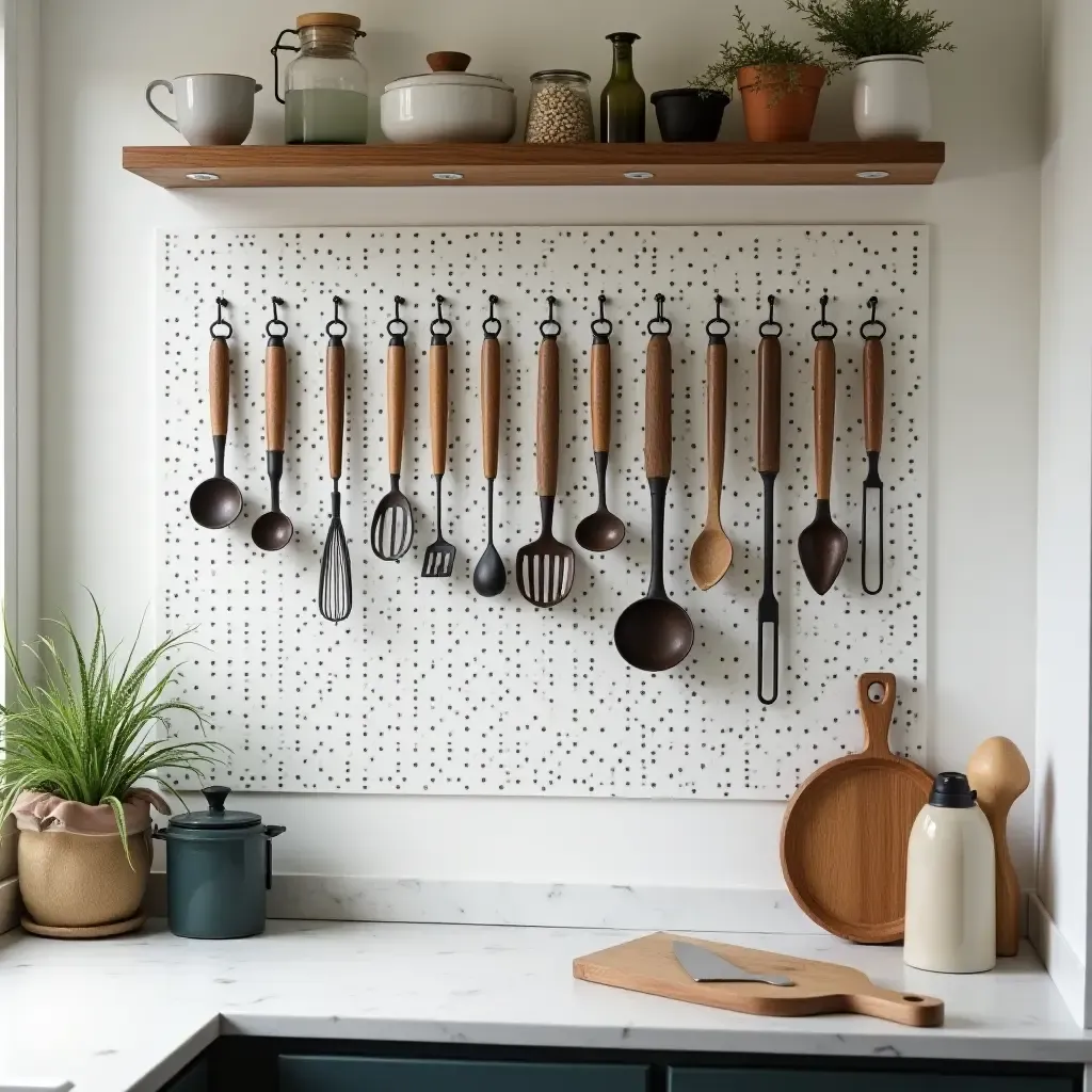 a photo of a small kitchen showcasing a pegboard for tools and utensils