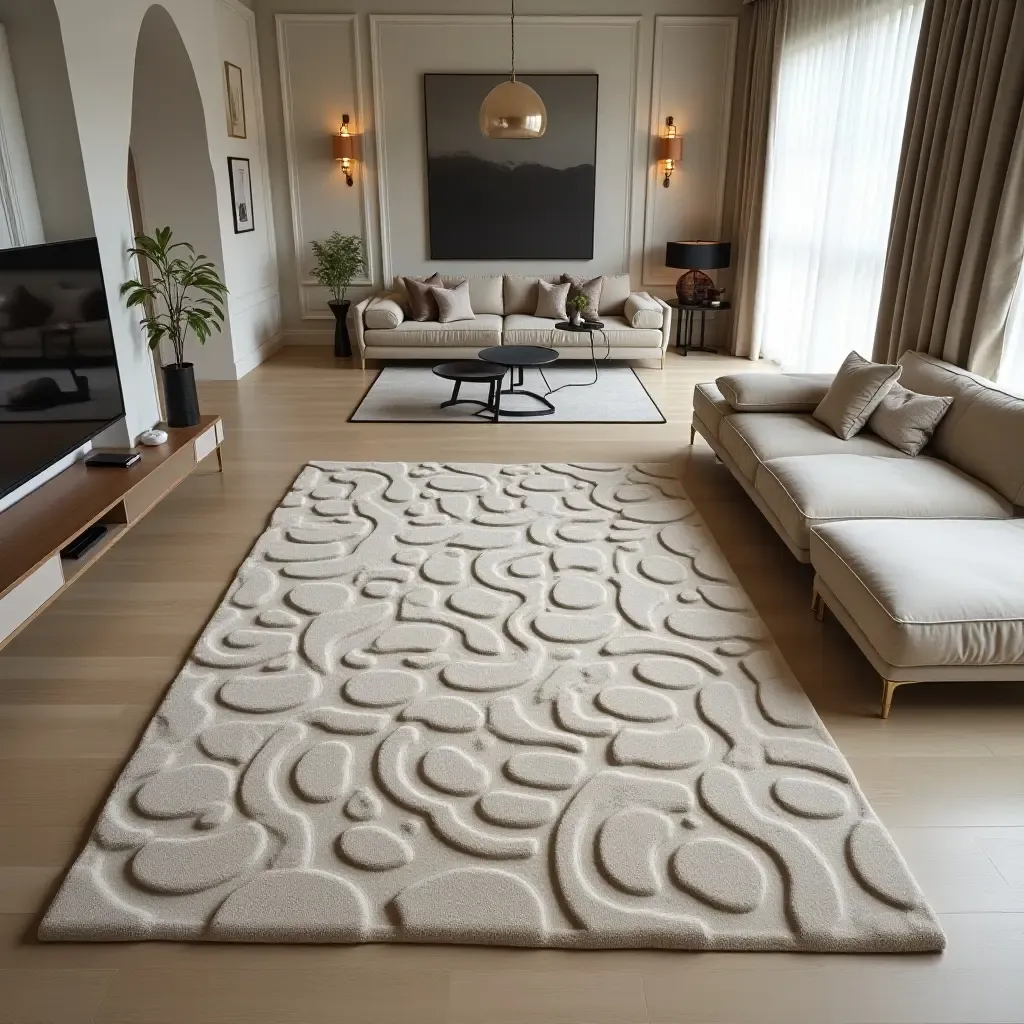 a photo of a unique 3D rug design in a contemporary space