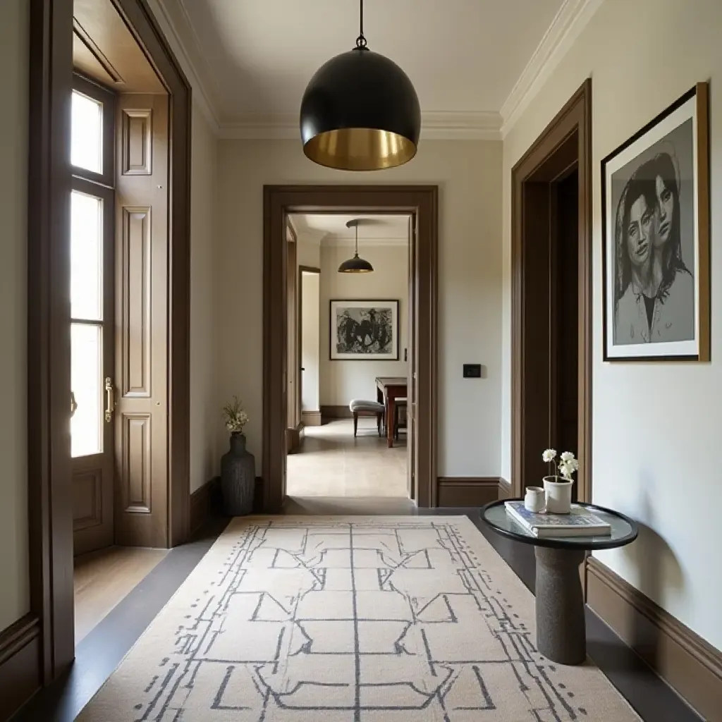 a photo of a stylish hallway featuring a mix of old and new decor