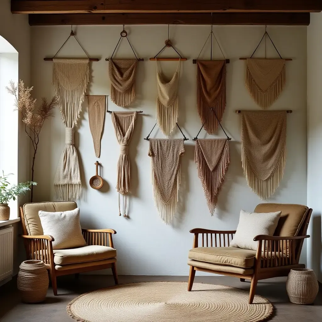 a photo of a basement gallery wall filled with handmade crafts and textiles