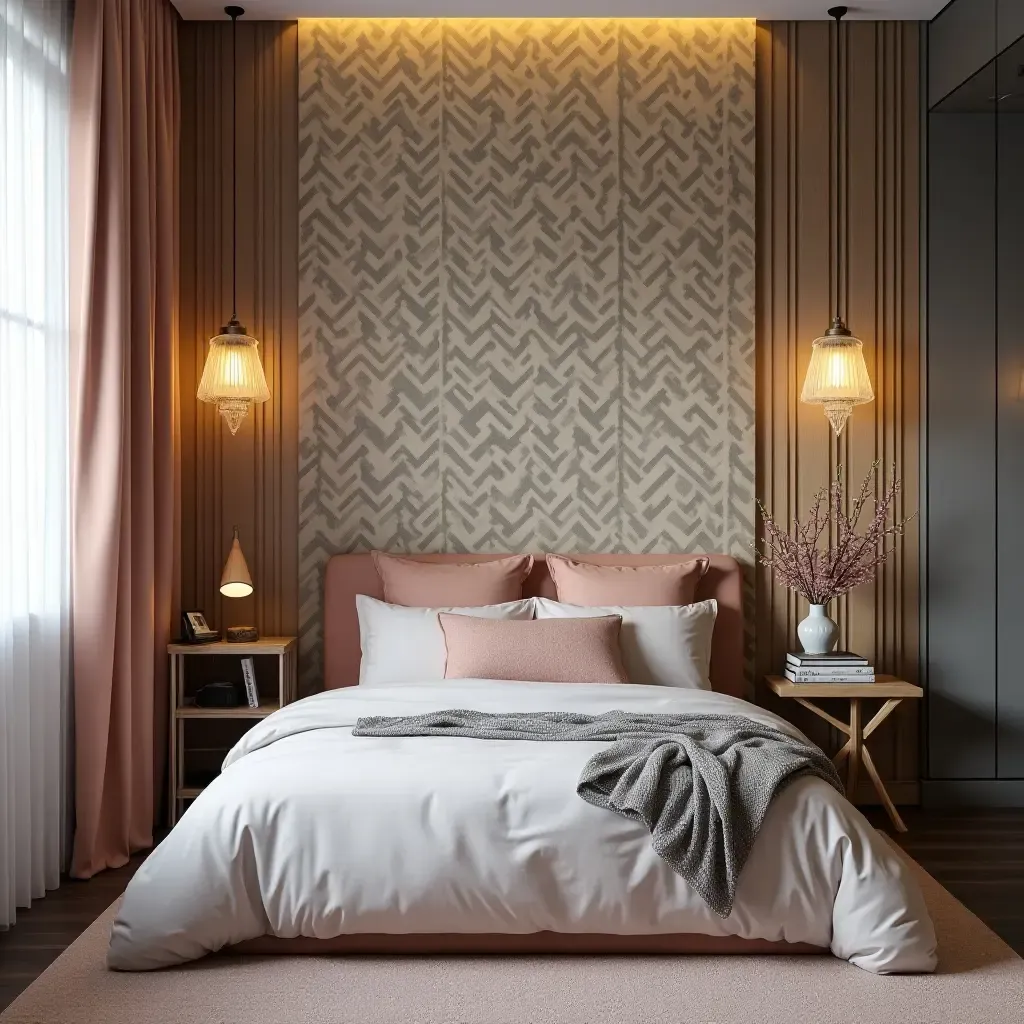 a photo of a trendy teen bedroom featuring a statement wall with chic wallpaper