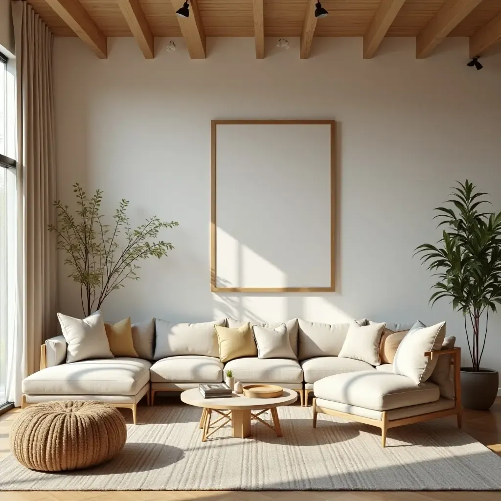 a photo of a bright living room filled with wooden elements and natural light