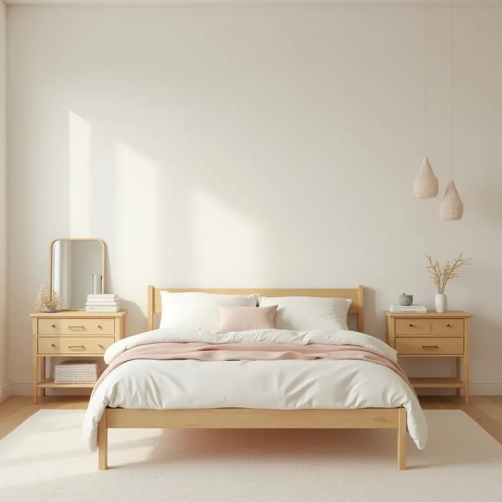 a photo of a serene bedroom with wooden furniture and pastel colors