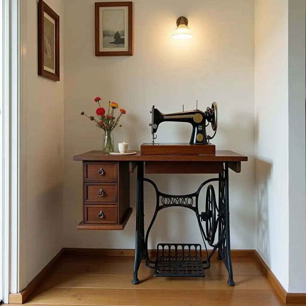 a photo of a vintage sewing machine as a hallway accent