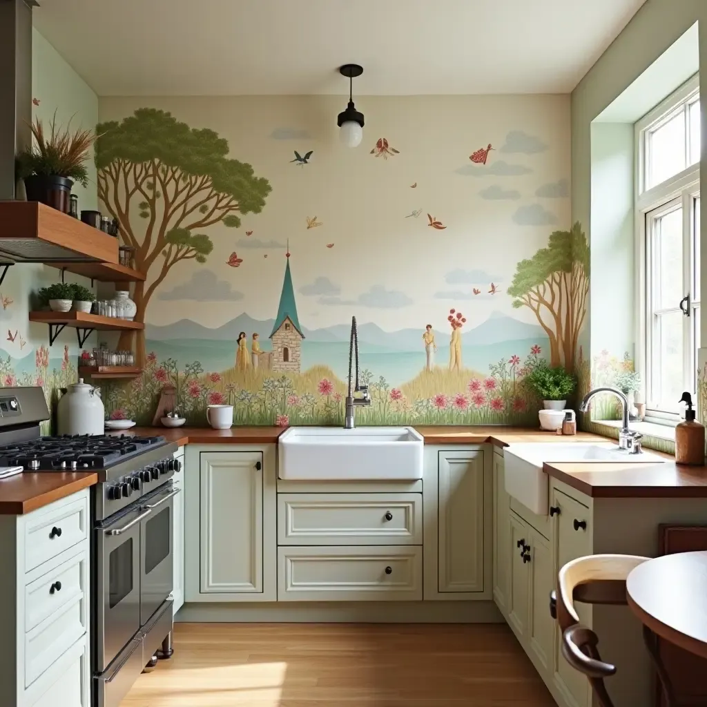 a photo of a charming kitchen with a hand-painted mural