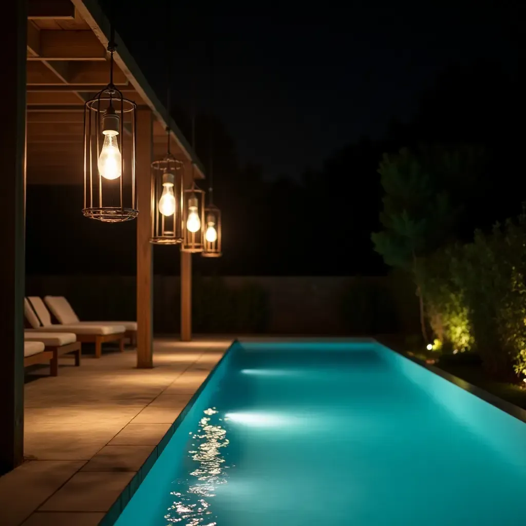 a photo of industrial pendant lights illuminating a pool area