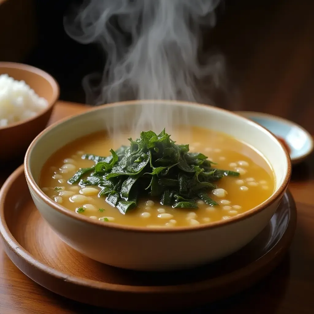 a photo of a steaming bowl of Korean seaweed soup with rice and banchan on the side.