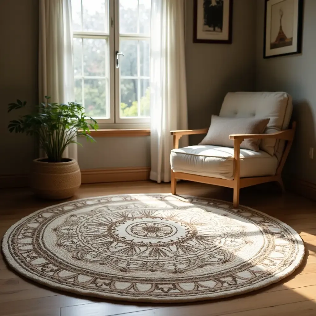 a photo of a circular rug with a mandala pattern in a serene reading space