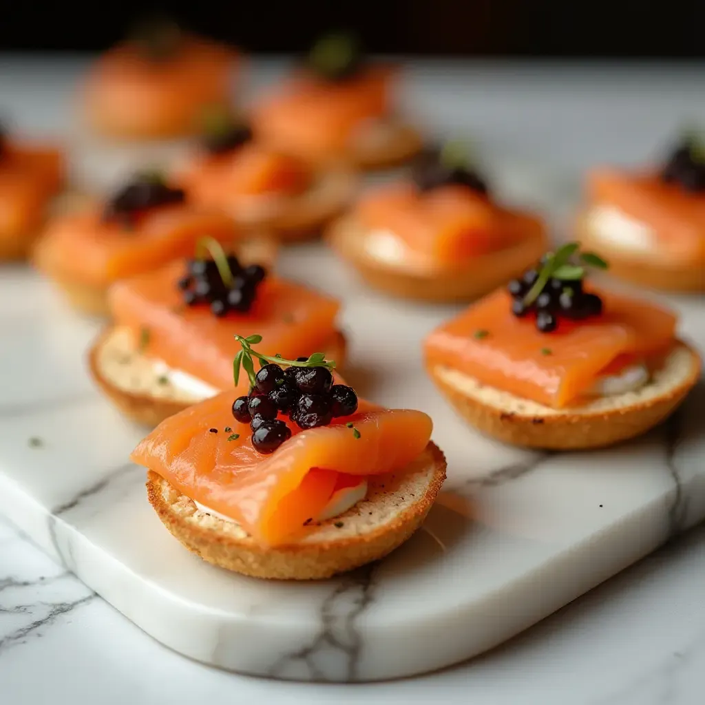 a photo of elegant Spanish tapas with smoked salmon and caviar on a marble platter.