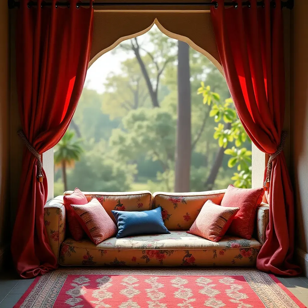 a photo of a shaded reading nook with colorful textiles and pillows