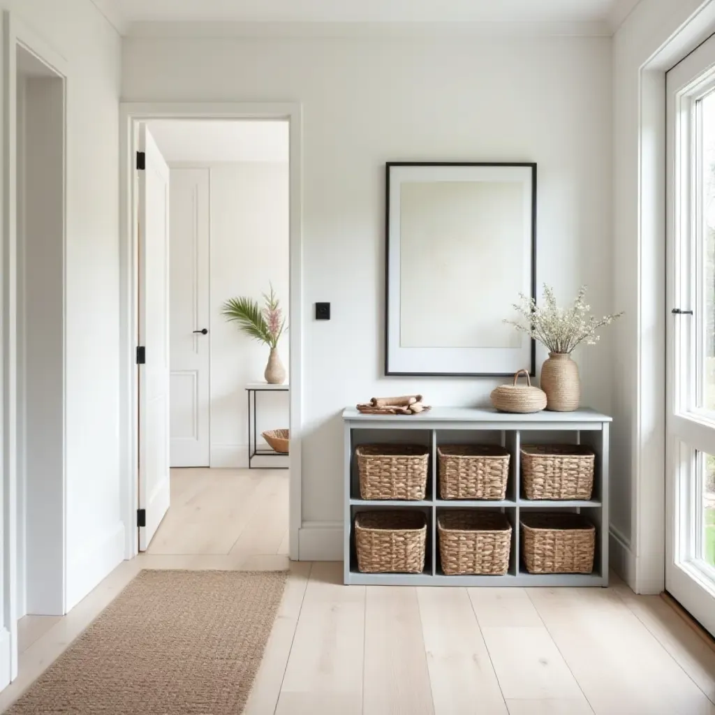 a photo of a stylish corridor with an entryway table and storage baskets