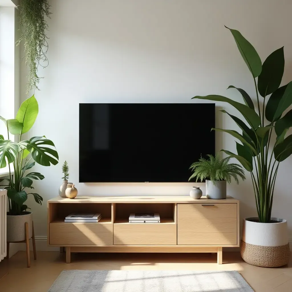 a photo of a chic small living room with a TV framed by plants and natural light