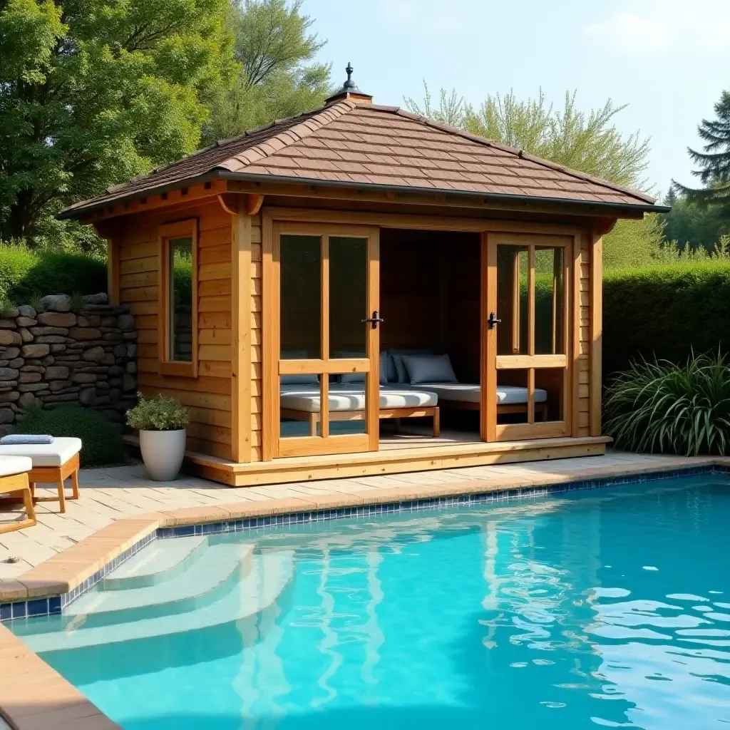 a photo of a cozy wooden gazebo next to a swimming pool