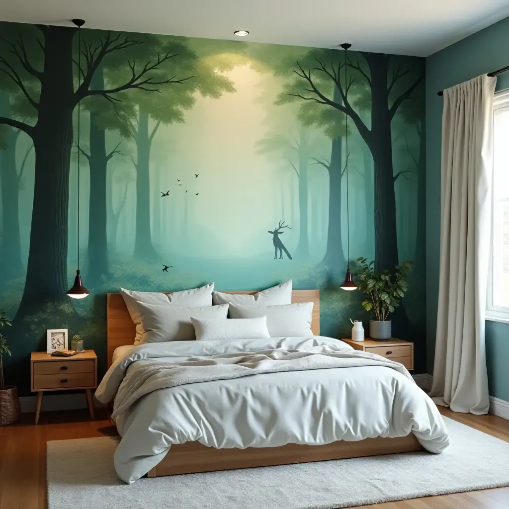 a photo of a mural featuring a magical forest scene on bedroom walls